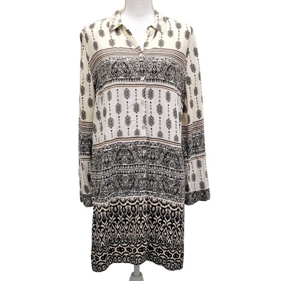 Chico's Button Up Shirt Women's 2, L Long Sleeve Batik Damask Side Slit Tunic - Picture 1 of 12
